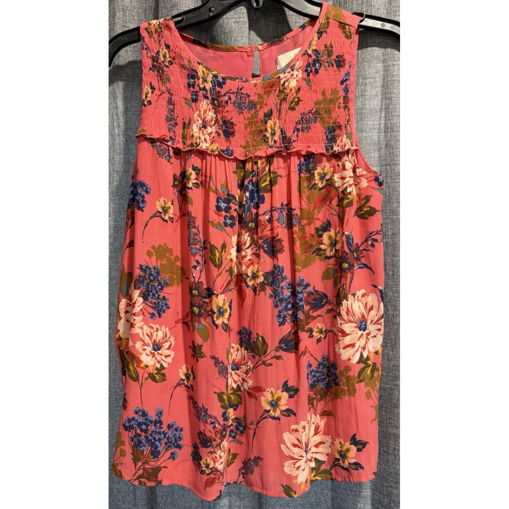 Loft Woman's Small Sleeveless Top Coral Floral Print Lined Button‎ Back Closure